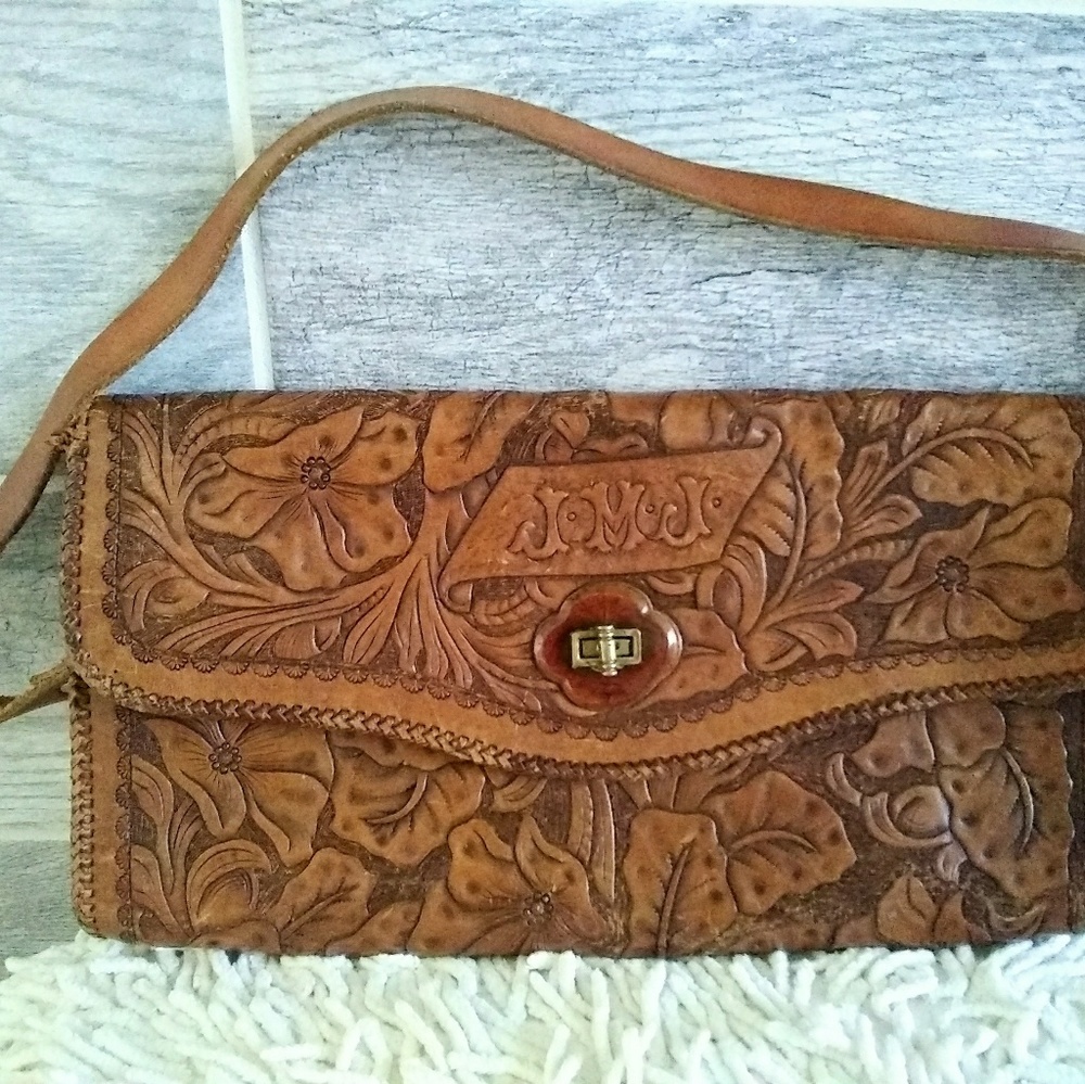 Vintage Leather Hand-Tooled Floral Satchel